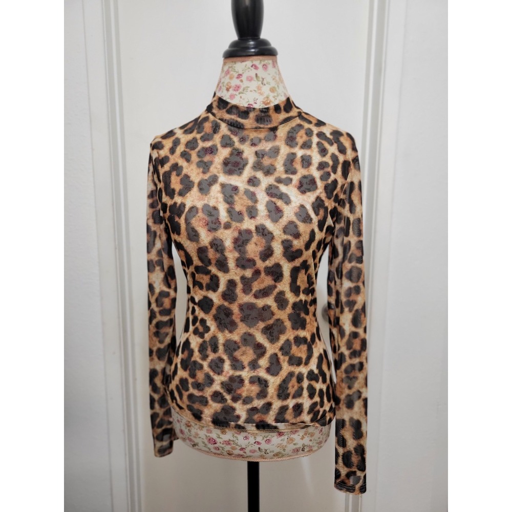 Women Leopard Print Mesh Sheer Mock Neck Long Sleeve Top Brown Y2K Slim Blouse M
